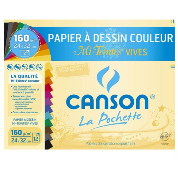 Pochette 12 feuilles papier à dessin couleur 24x32cm 160g Canson Mi-Teintes Vives