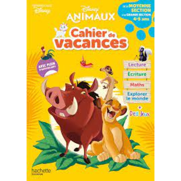 Cahier de vacances de la Moyenne section à la Grande section -Disney animaux