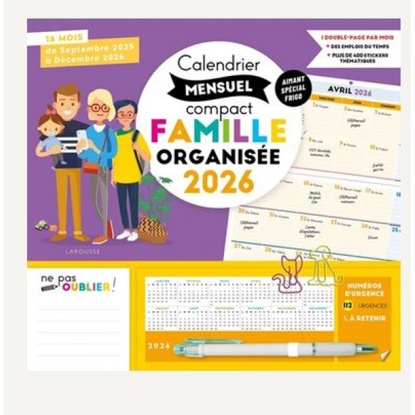 Calendrier mensuel compact famille organisée ed2026